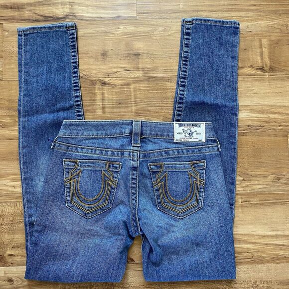 TRUE RELIGION NWT 26 Low Rise Skinny Gold Arrow Denim Big T Jeans Stretch Y2K - Picture 8 of 16